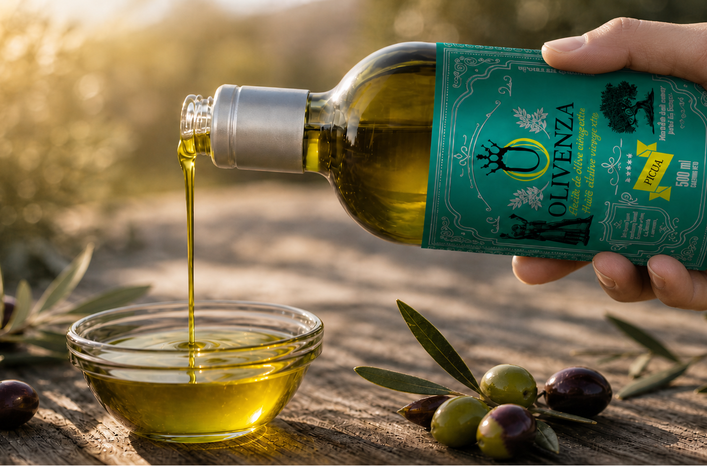 Bottle of olive oil being poured into a glass bowl with olives on a wooden surface.