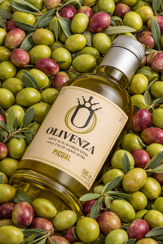 Bottle of Olivenza olive oil surrounded by green and red Picual olives.