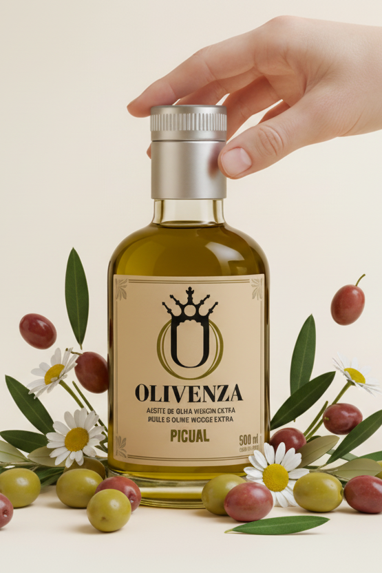 Bottle of Olivenza olive oil with a hand holding it, surrounded by olives and flowers on a beige background.