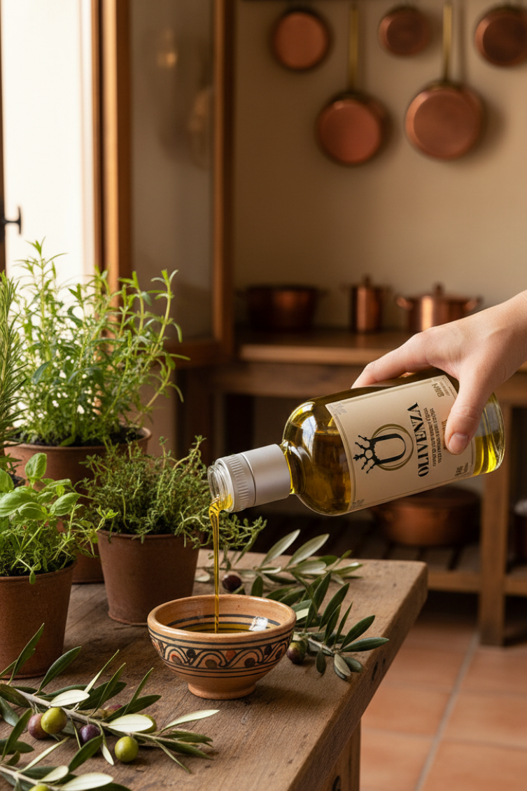 Person pouring olive oil from a bottle into a bowl on a wooden surface with plants and kitchenware in the background.