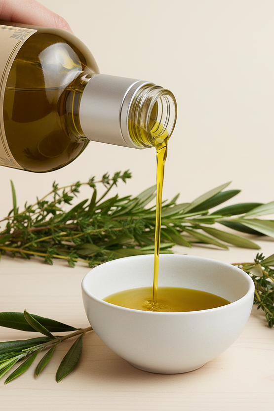 Olive oil being poured from a bottle into a white bowl with olive branches in the background.